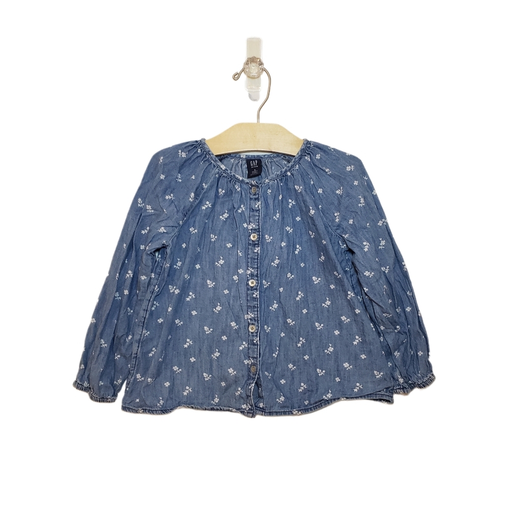 Gap 5 Kids Blue Denim Button Down Ditsy Floral Long Sleeve Top
